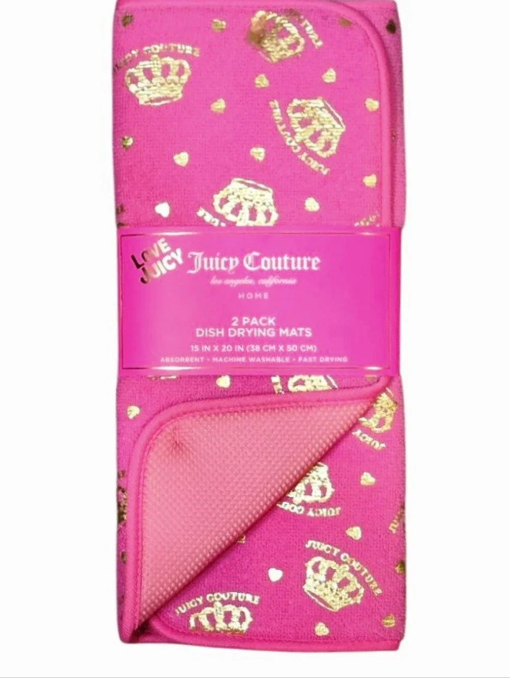 Juicy Couture Home Gold Foil Logo Crown & Heart Print Dish Drying Mats- 2 Pack